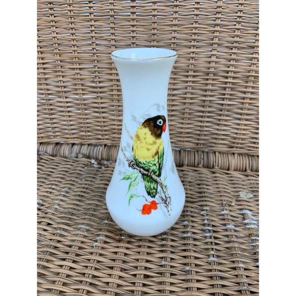 Vintage Bird Parrot Painted Vase White Porcelain Gold Gilded Small - Picture 1 of 3